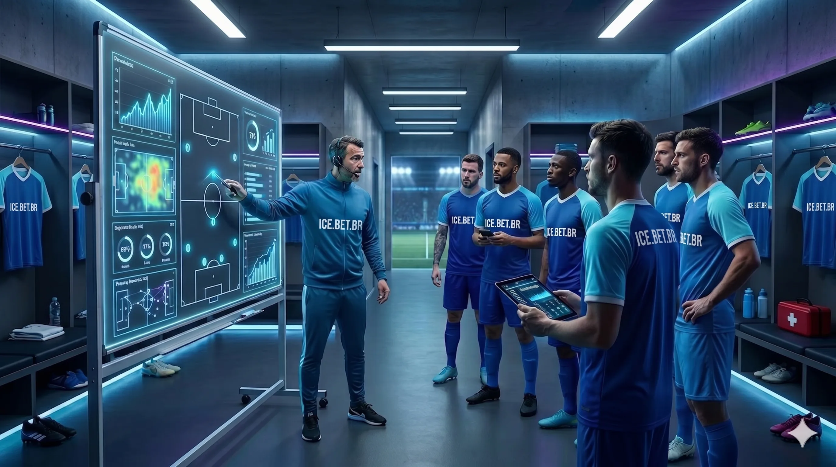 "Uma cena cinematográfica em um vestiário de futebol moderno com iluminação neon azul e ciano. Um técnico, vestindo um agasalho azul da Ice.bet.br, aponta para uma grande tela digital transparente que exibe gráficos táticos, mapas de calor e estatísticas avançadas de jogo. Ao seu redor, um grupo de jogadores profissionais com uniformes de treino azuis combinando observa atentamente, alguns segurando tablets, simbolizando o uso de dados de campo para análise esportiva de alta precisão."